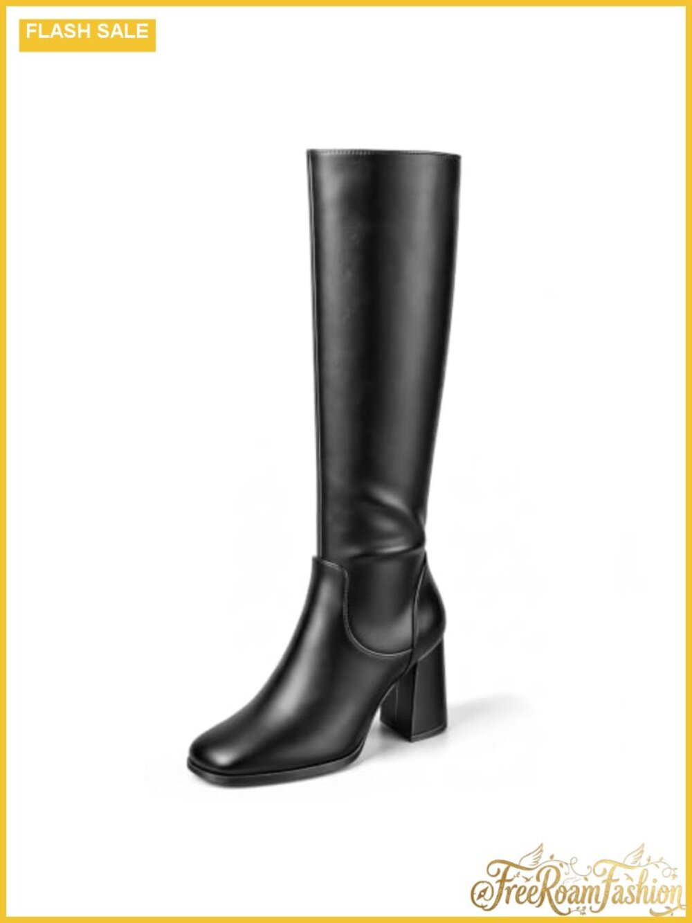 Wide Calf Knee High Boots Square Toe Chunky Tall Faux Leather